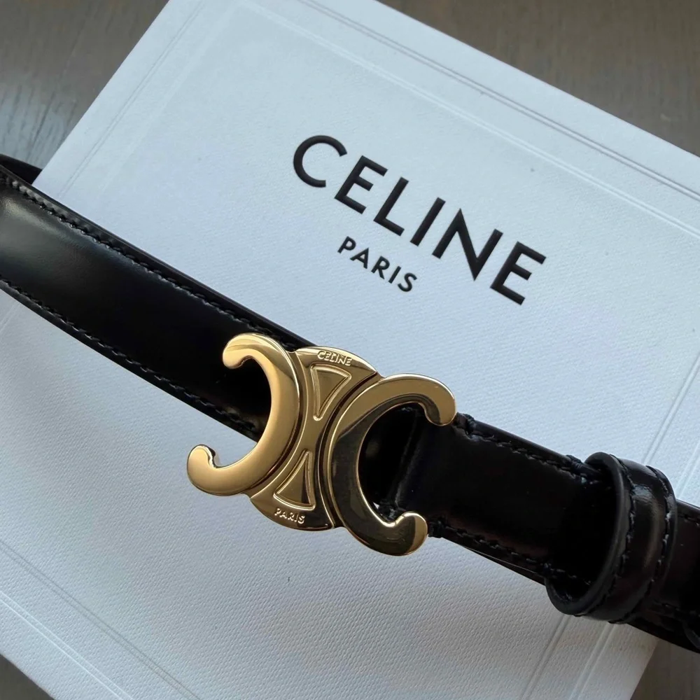Celine Black Leather Belt Small (18mm) with Gold Triomphe Buckle 65cm